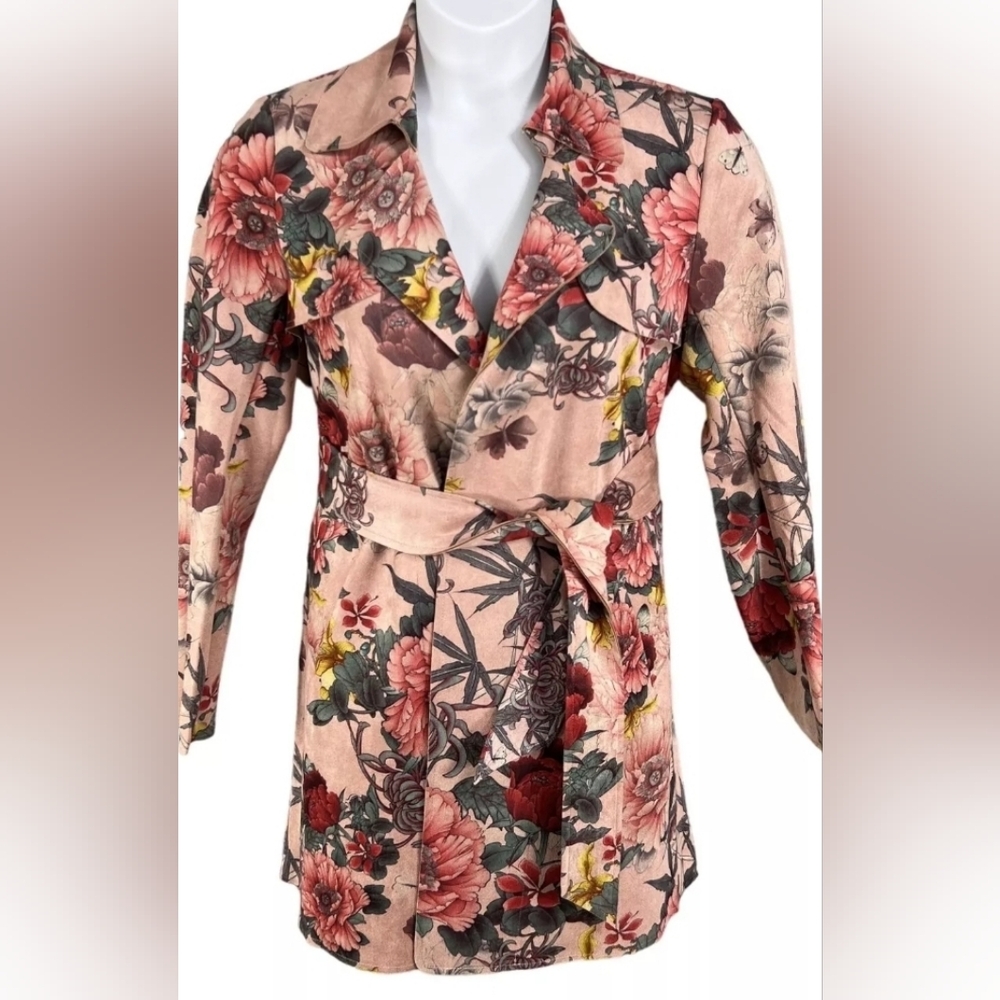 Solitaire Anthropologie Faux Suede Floral Trench Coat L